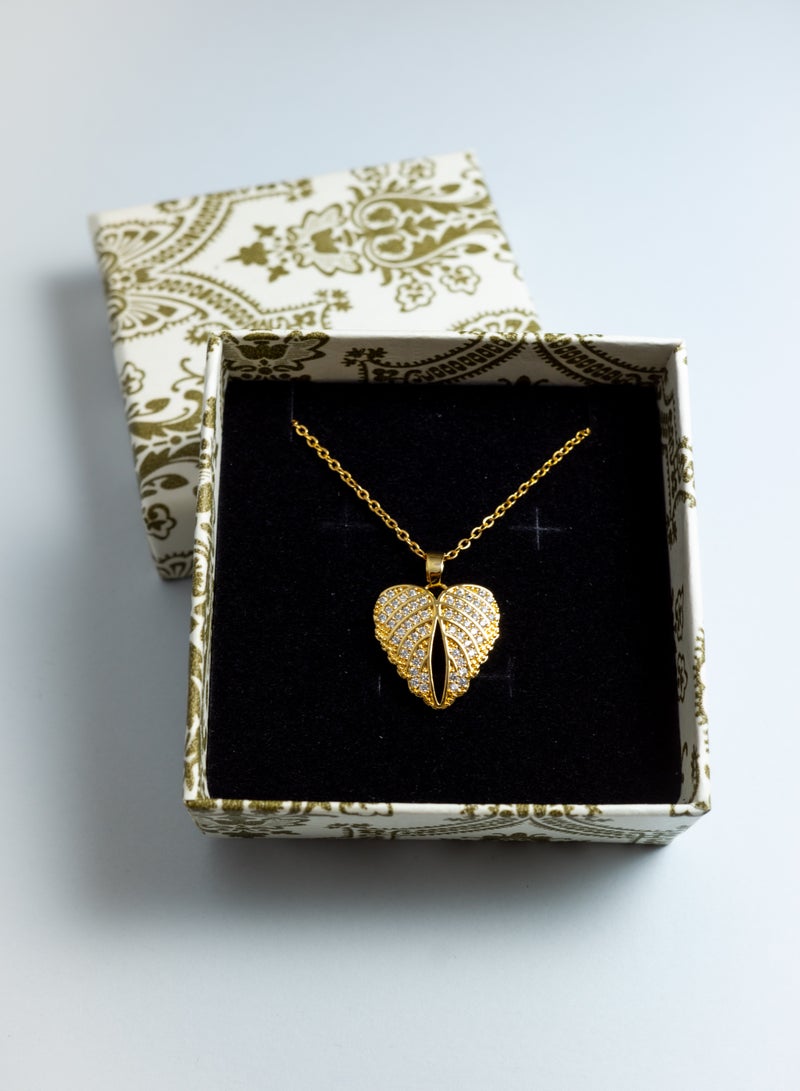 Golden Leaf and Heart shape Pendant with Wing-like detailing Necklace - 18K Gold Plated necklace with Sparkling Cubic Zirconia - Image 4