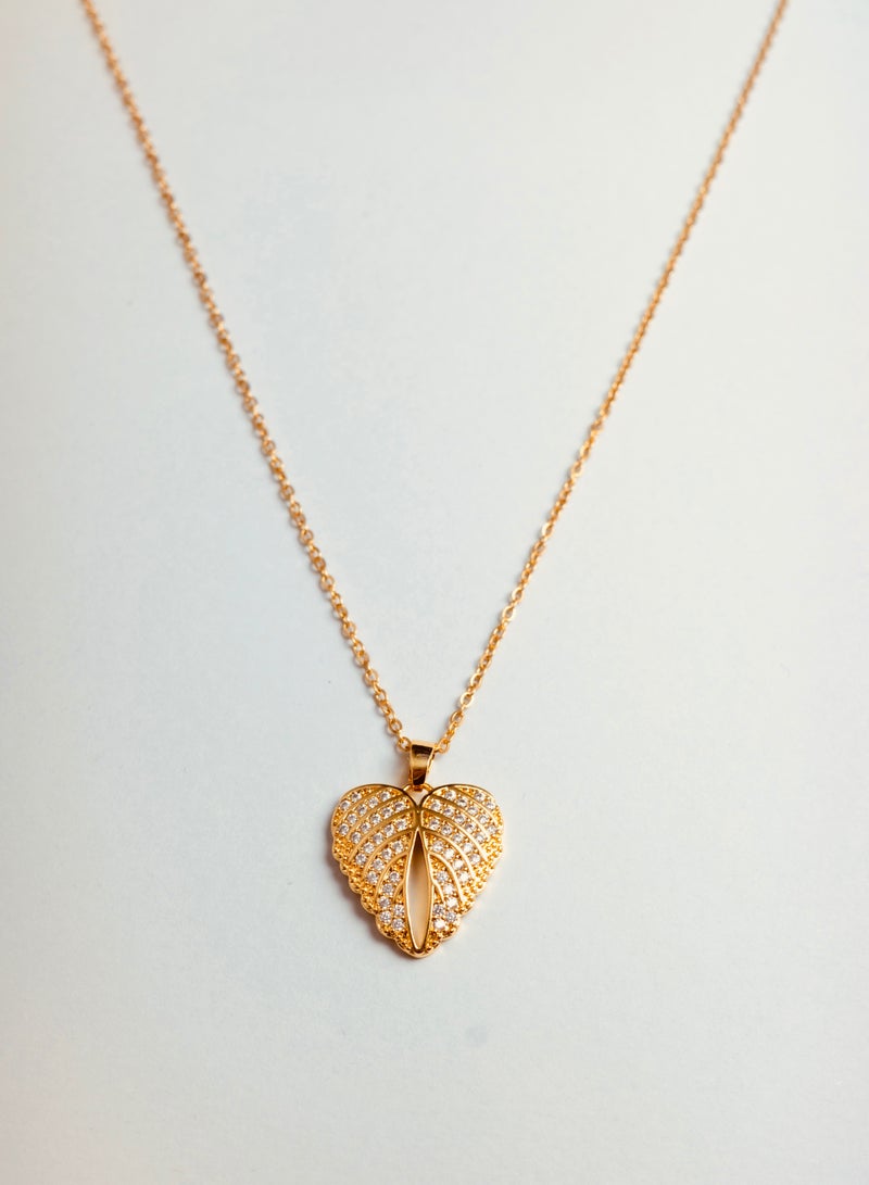 Golden Leaf and Heart shape Pendant with Wing-like detailing Necklace - 18K Gold Plated necklace with Sparkling Cubic Zirconia - Image 5