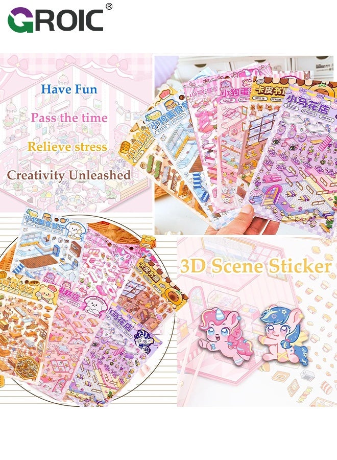 GROIC 6 Sets 3D Sticker Scene, Miniature Scene Sticker for Girls Make Your Own Mini Room Scene Stickers for Kids, DIY 3D House Stickers Set, Reusable, Waterproof for Adult Relief Stress - Image 3