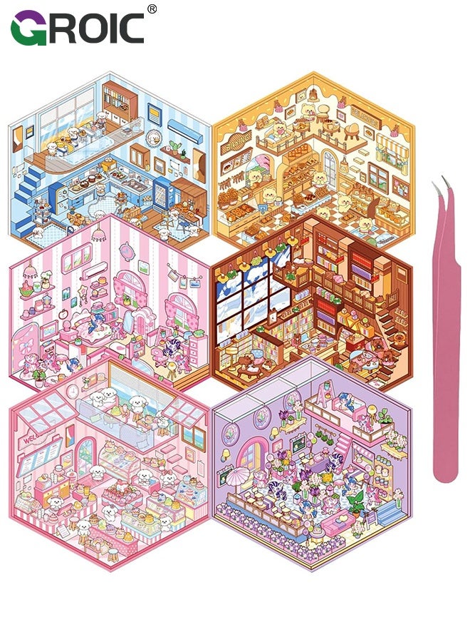 GROIC 6 Sets 3D Sticker Scene, Miniature Scene Sticker for Girls Make Your Own Mini Room Scene Stickers for Kids, DIY 3D House Stickers Set, Reusable, Waterproof for Adult Relief Stress - Image 1