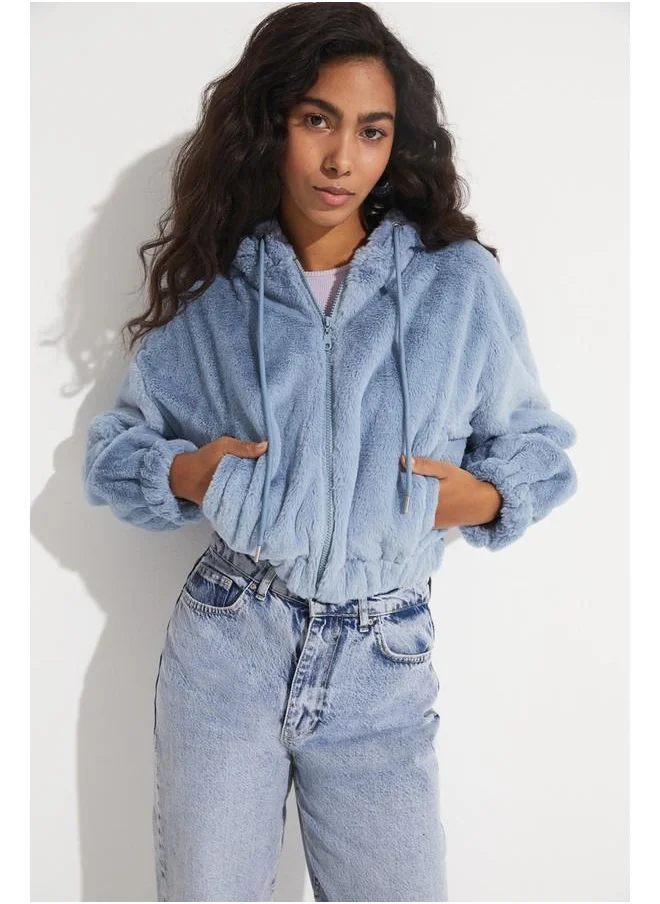 جون June Elastic Waist Hooded Plush Coat Indigo