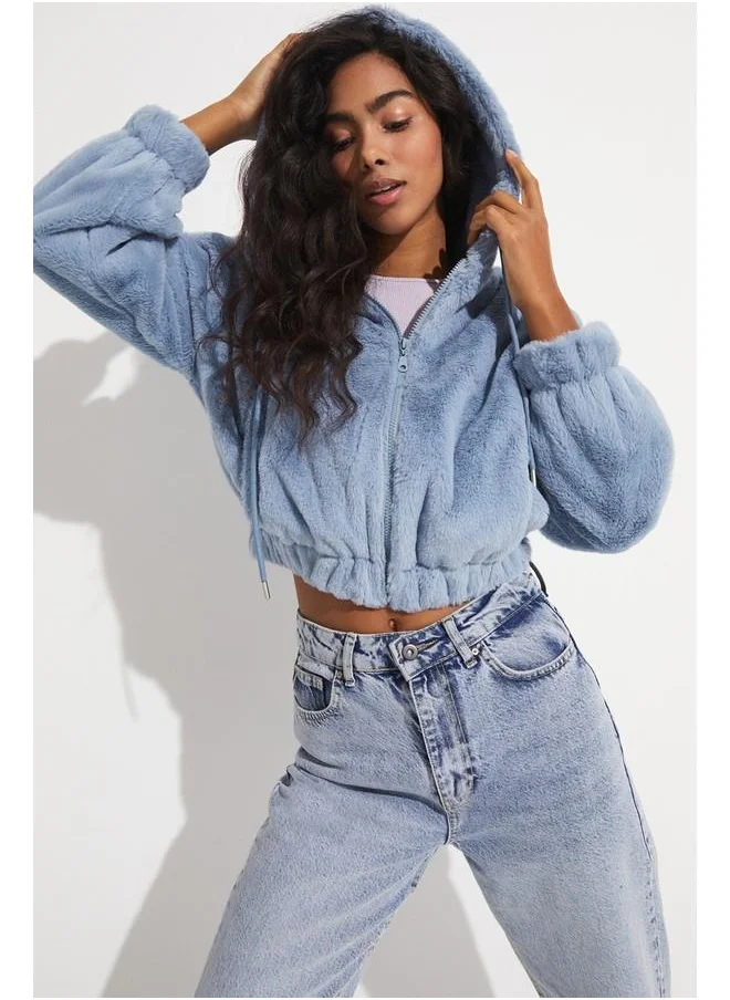 JUNE June Elastic Waist Hooded Plush Coat Indigo