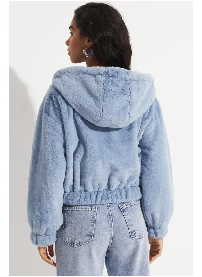 JUNE June Elastic Waist Hooded Plush Coat Indigo