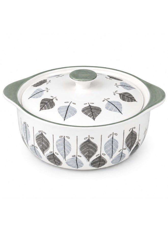 Ceramic Soup Pot with Lid 9.5 Inch, Decorative Leaf Design Round Ceramic Serving Bowl with Cover, Microwave Oven Dishwasher and Freezer Safe Food Grade Ceramic Cookware for Soup Stew Curry - Image 1