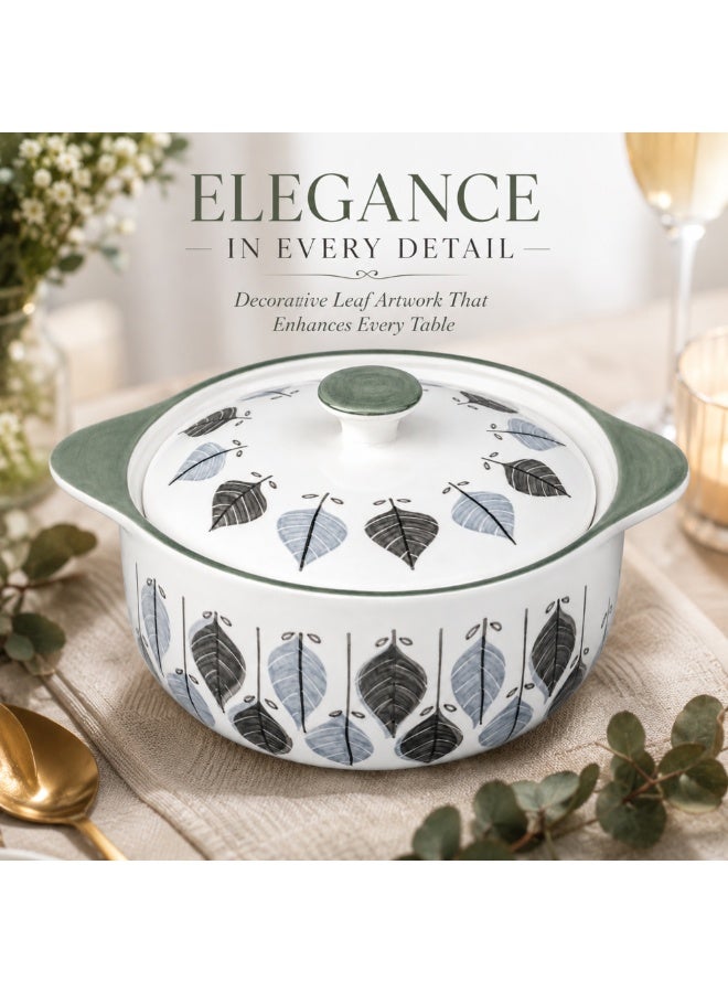 Ceramic Soup Pot with Lid 9.5 Inch, Decorative Leaf Design Round Ceramic Serving Bowl with Cover, Microwave Oven Dishwasher and Freezer Safe Food Grade Ceramic Cookware for Soup Stew Curry - Image 3