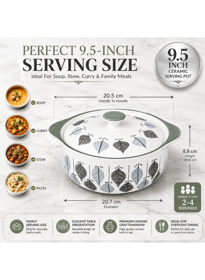 Ceramic Soup Pot with Lid 9.5 Inch, Decorative Leaf Design Round Ceramic Serving Bowl with Cover, Microwave Oven Dishwasher and Freezer Safe Food Grade Ceramic Cookware for Soup Stew Curry - Image 2