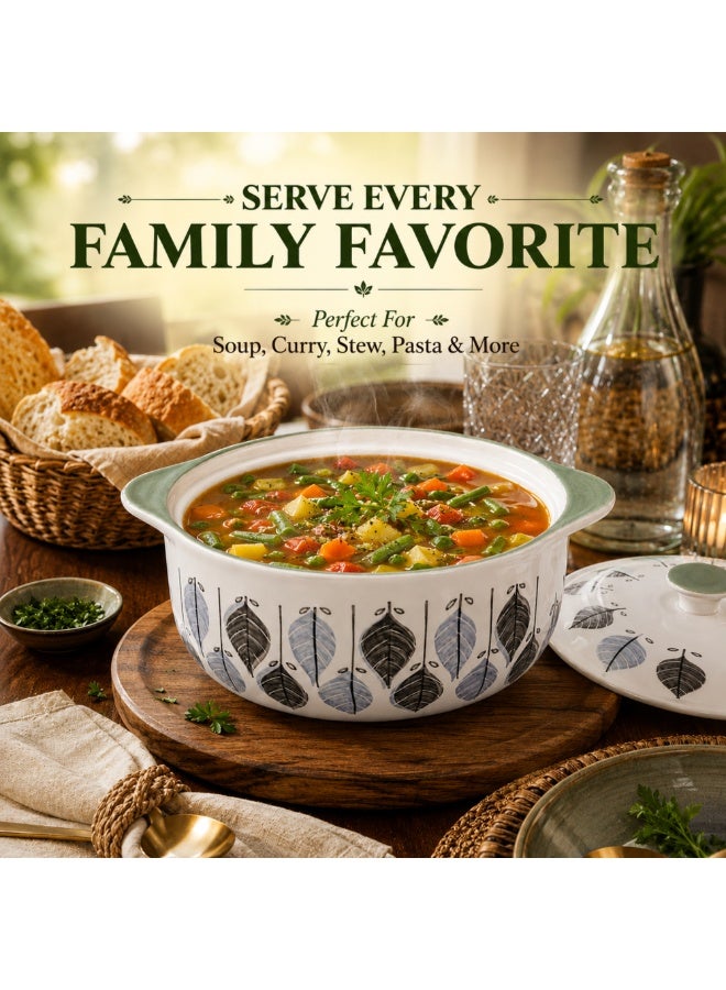 Ceramic Soup Pot with Lid 9.5 Inch, Decorative Leaf Design Round Ceramic Serving Bowl with Cover, Microwave Oven Dishwasher and Freezer Safe Food Grade Ceramic Cookware for Soup Stew Curry - Image 4