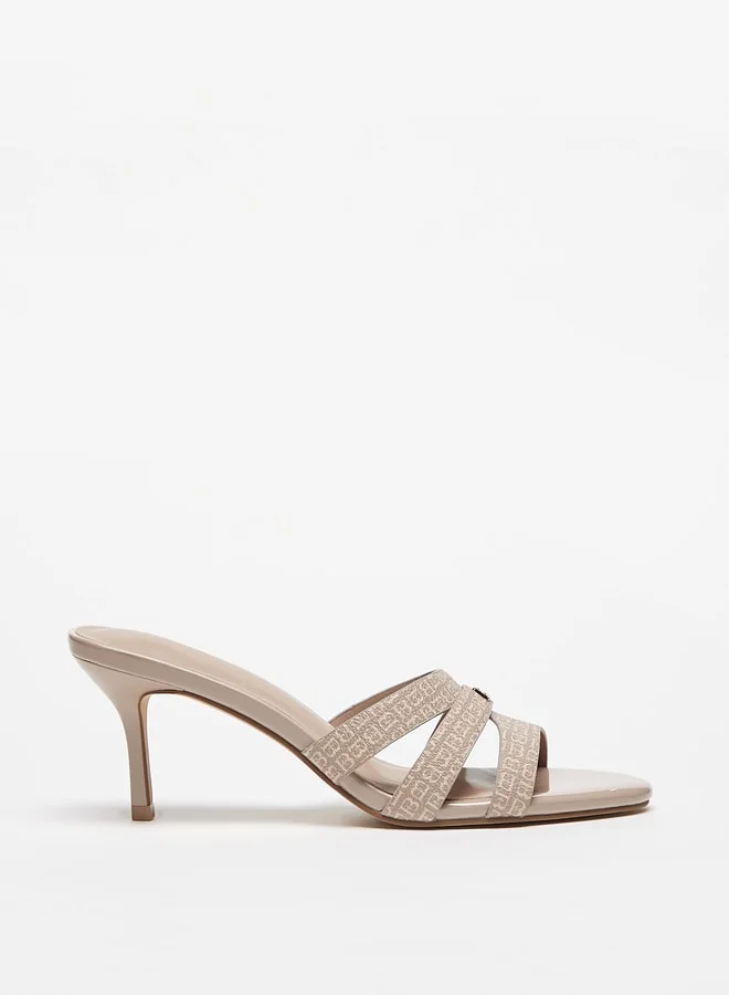Flora Bella By Shoexpress Monogram Print Slip-On Sandals with Stiletto Heels