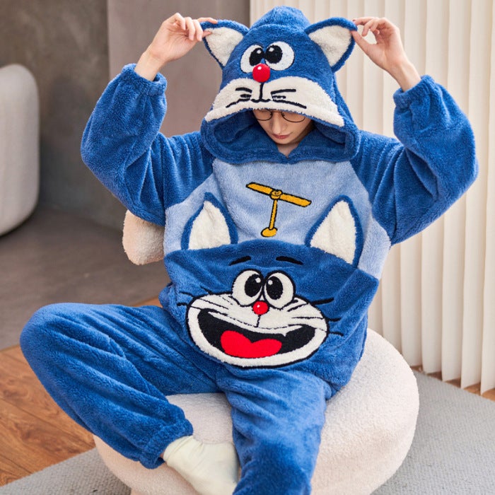 Coral Fleece Pajamas Men's Winter Hooded Fleece Plus Cartoon Cute Dinosaur Plus Size Teenager Home Suit - Image 1