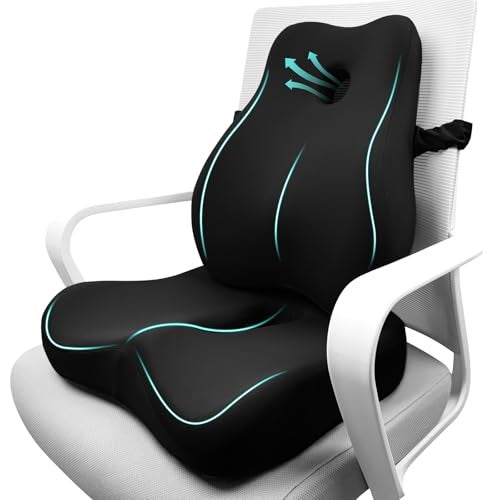 JIPORIER Seat Cushion & Lumbar Support Pillow Set for Office Chair, Ergonomic Pillow for Sciatica Pain Relief, Memory Foam Back Support Pillow & Chair Cushion for Car seat, Desk Chair (Black) - Image 1