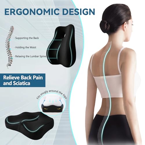 JIPORIER Seat Cushion & Lumbar Support Pillow Set for Office Chair, Ergonomic Pillow for Sciatica Pain Relief, Memory Foam Back Support Pillow & Chair Cushion for Car seat, Desk Chair (Black) - Image 5