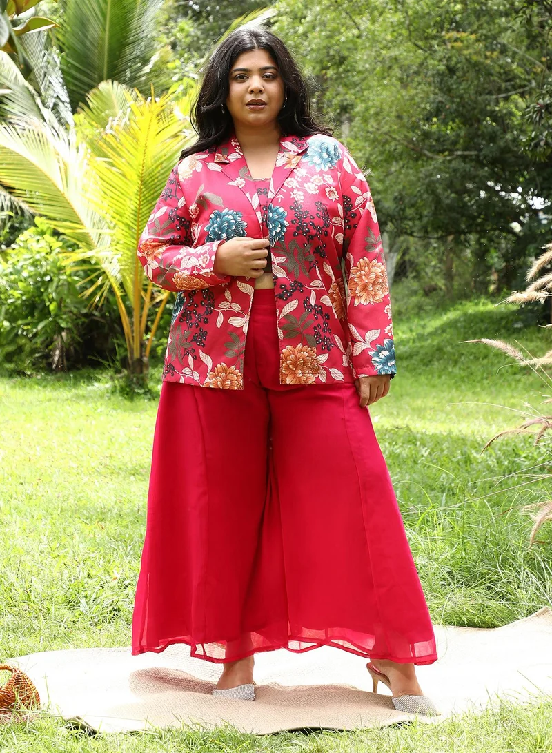 انستافاب بلس Instafab Plus Women's Crimson Red Botanica Flared Co-Ord Set For Ethnic Wear | Sweetheart Neck, Long Regular Sleeves | Floral Print Plain Fabric | 3 Piece Co-Ords For Evening & Party Wear