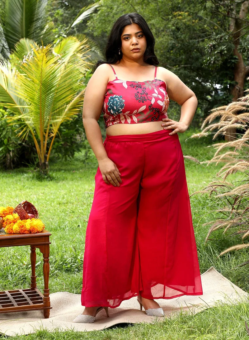 انستافاب بلس Instafab Plus Women's Crimson Red Botanica Flared Co-Ord Set For Ethnic Wear | Sweetheart Neck, Long Regular Sleeves | Floral Print Plain Fabric | 3 Piece Co-Ords For Evening & Party Wear