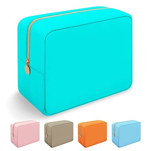 Iqimott Nylon Large Makeup Bag Travel Pouch Preppy Big Cosmetic Bag Makeup Organizer Nylon Large Capacity Toiletry Bag Waterproof Large Zipper Pouch Storage Bag for Women Girls TeensCyan - Image 1