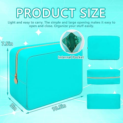 Iqimott Nylon Large Makeup Bag Travel Pouch Preppy Big Cosmetic Bag Makeup Organizer Nylon Large Capacity Toiletry Bag Waterproof Large Zipper Pouch Storage Bag for Women Girls TeensCyan - Image 3