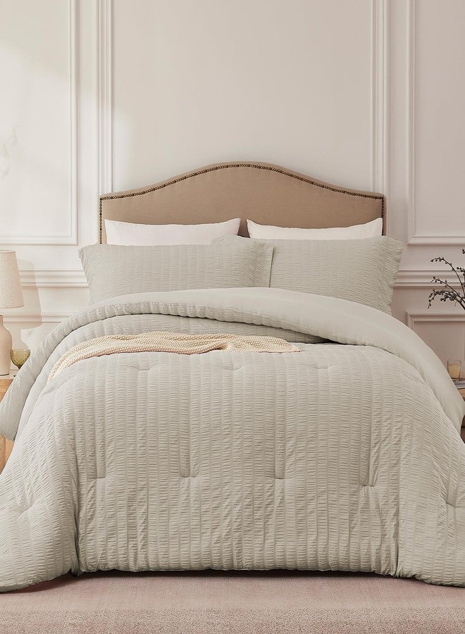 Quataly Oatmeal Full Comforter Set - 3 Pieces Seersucker Lightweight Bedding Comforter Sets (1 Soft Fluffy Comforter & 2 Pillowcases) - All Seasons Cozy Modern Bed Sets - Image 1