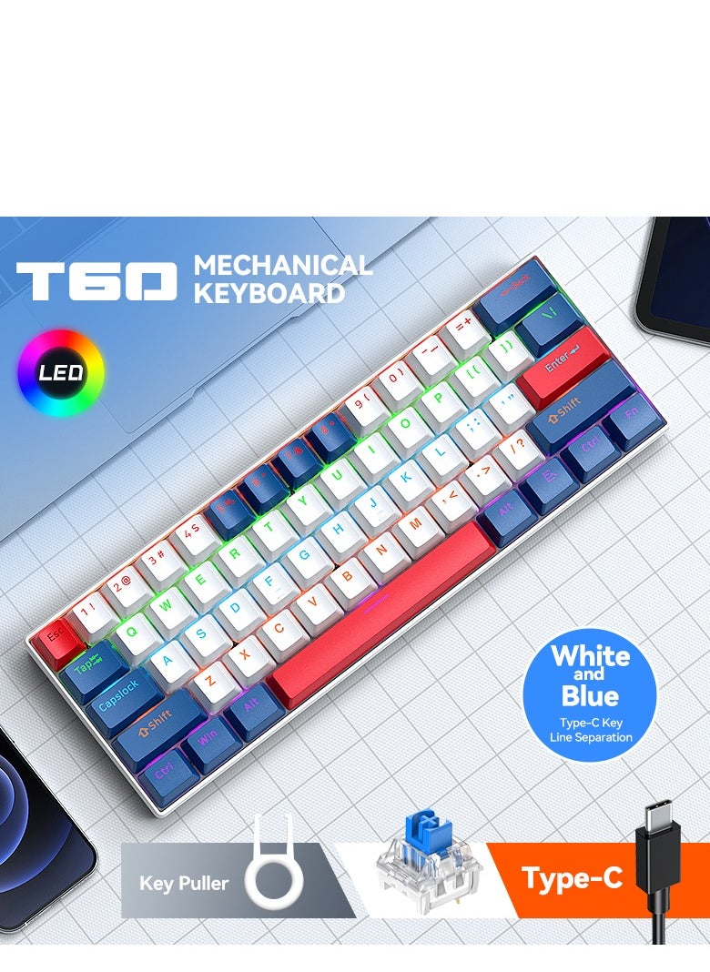 T-WOLF T60 Wired Gaming Keyboard, 61 Keys Blue Switch Mechanical Keyboard with Rgb Backlit blue and white  - Image 2