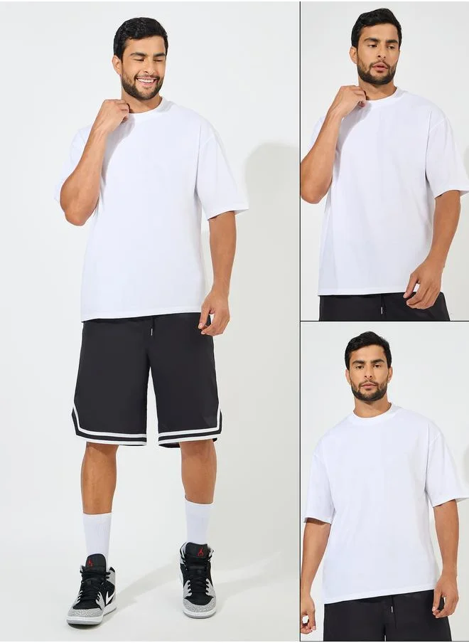 ستايلي Pack of 2 - Oversized Mock Neck Ribbed T-Shirt with Short Sleeves