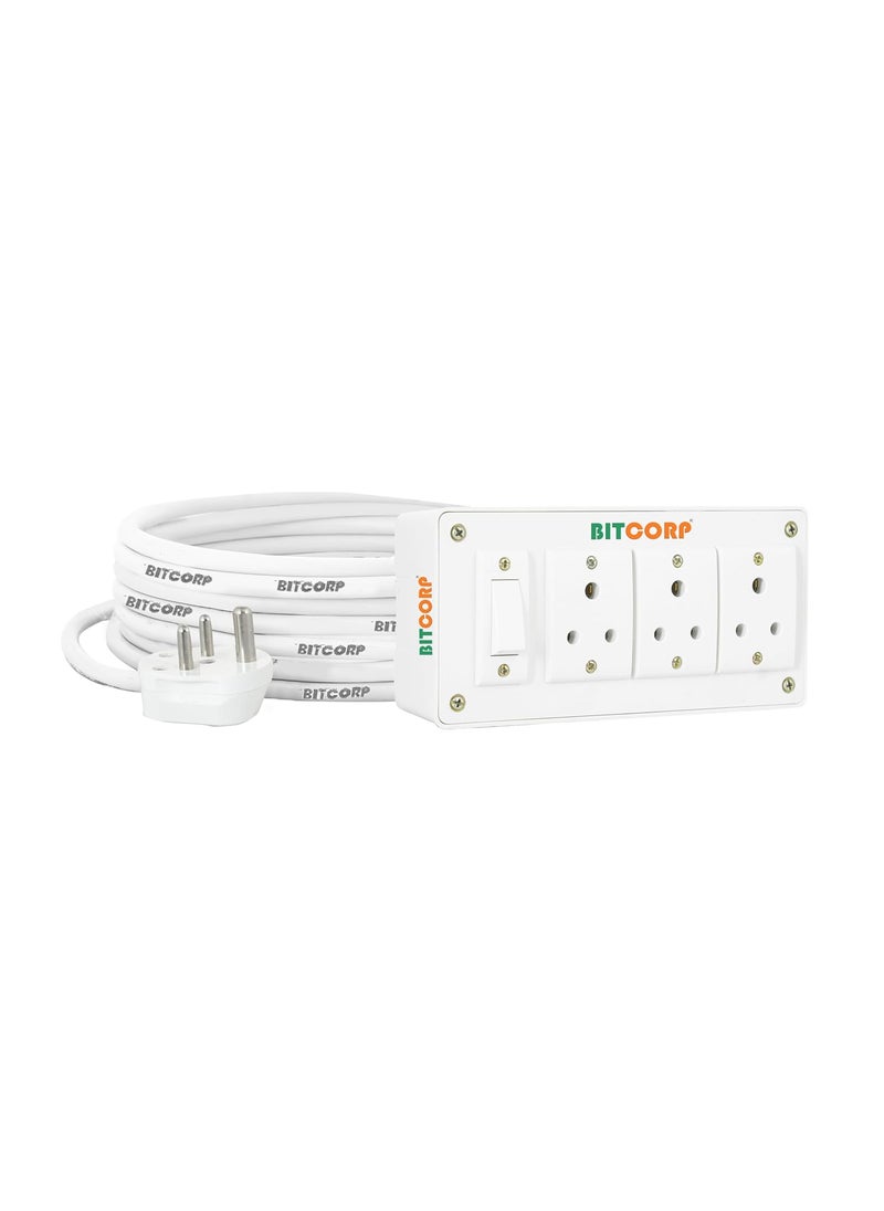 BITCORP - Bitcorp Multi Socket Extension Board 3 Way Plug and 1 Switch 6A 1500W 2 Meter Long Length Cable Cord Compatible with Fridge Charging Pc Tv Charger Laptop Computer Small Appliances White - Image 1