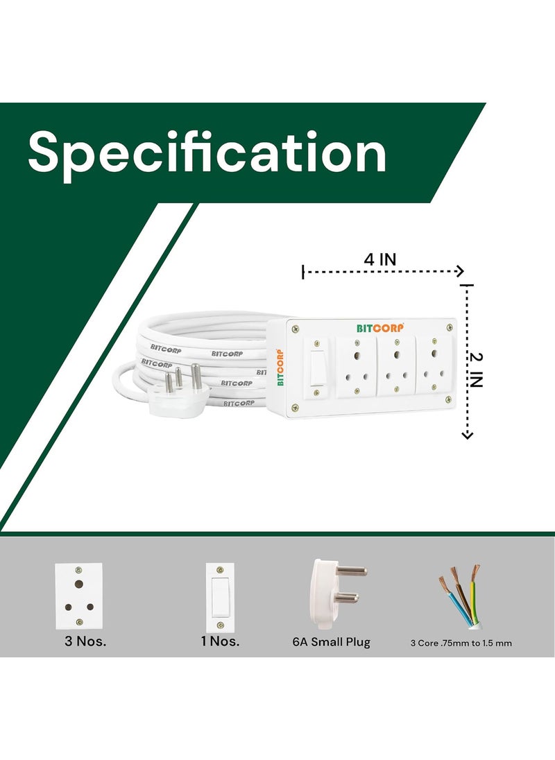 BITCORP - Bitcorp Multi Socket Extension Board 3 Way Plug and 1 Switch 6A 1500W 2 Meter Long Length Cable Cord Compatible with Fridge Charging Pc Tv Charger Laptop Computer Small Appliances White - Image 1