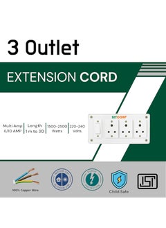 BITCORP Bitcorp Multi Socket Extension Board 3 Way Plug and 1 Switch 6A 1500W 2 Meter Long Length Cable Cord Compatible with Fridge Charging Pc Tv Charger Laptop Computer Small Appliances White  - Image 2