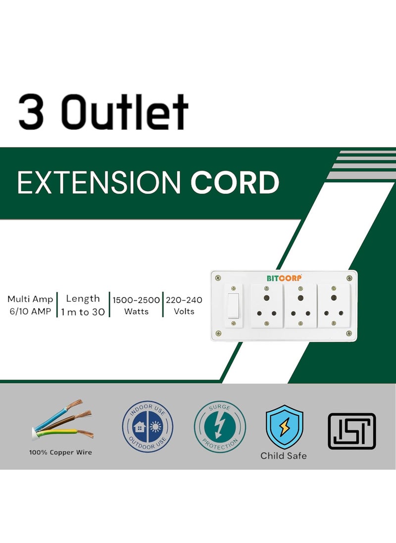 BITCORP - Bitcorp Multi Socket Extension Board 3 Way Plug and 1 Switch 6A 1500W 2 Meter Long Length Cable Cord Compatible with Fridge Charging Pc Tv Charger Laptop Computer Small Appliances White - Image 1
