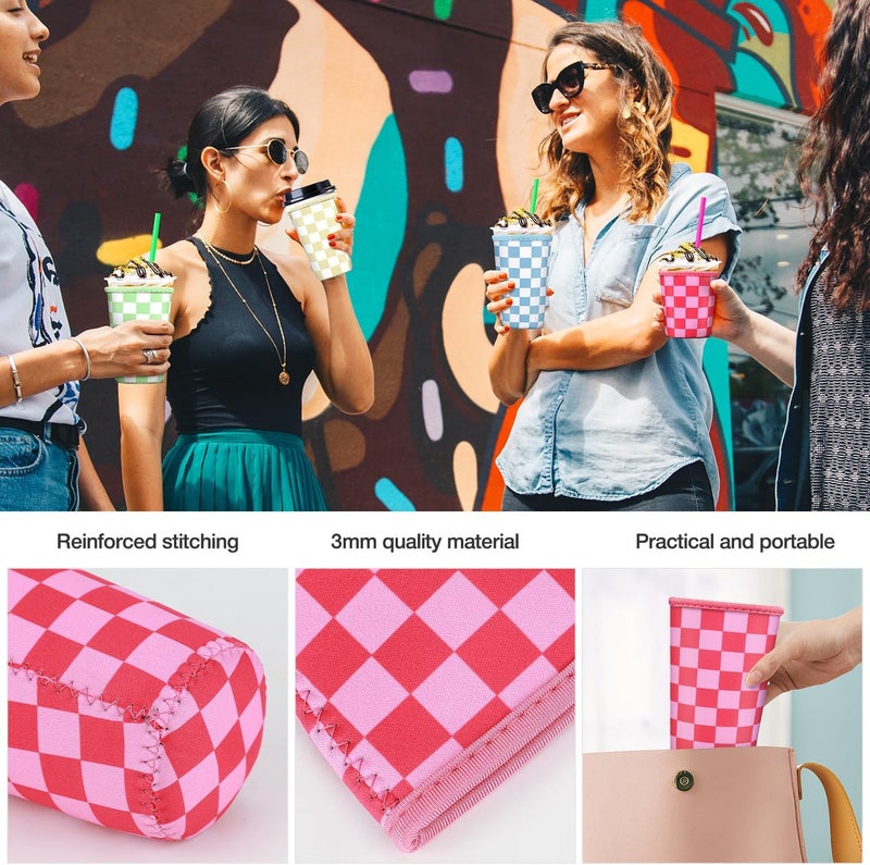 كي بي اكس 3 Pack Iced Coffee Cup Sleeve for Large Sized Cups, Reusable Neoprene Iced Coffee Cup Holder for Hot Cold Drinks, Compatible with Starbucks, Dunkin Donuts, and More（Rose Checkered） - Image 5