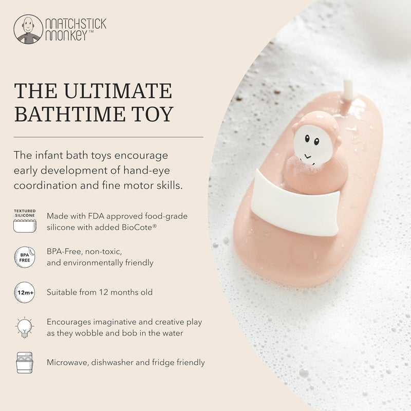 Matchstick Monkey, Easy To Grip, Sensory Learning, Antimicrobial Baby Bath Toy - Bathtime Boat Set (1 Wobbler + 1 Boat), 12 Months Old+, Dusty Pink - Image 3