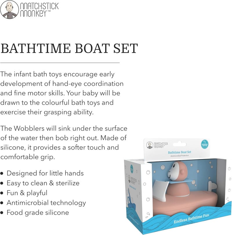 Matchstick Monkey, Easy To Grip, Sensory Learning, Antimicrobial Baby Bath Toy - Bathtime Boat Set (1 Wobbler + 1 Boat), 12 Months Old+, Dusty Pink - Image 5