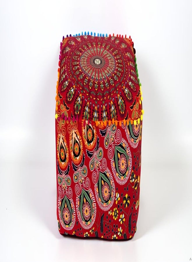 CRAFT KALA Square Mandala Handblock Print Cotton Ottoman Poufs Unstuffed-Square Floor Cushion Footrest Cover for Living Room, Bedroom Square Cushion Cover (18X18X14 inches, Red Mirchi) - Image 1