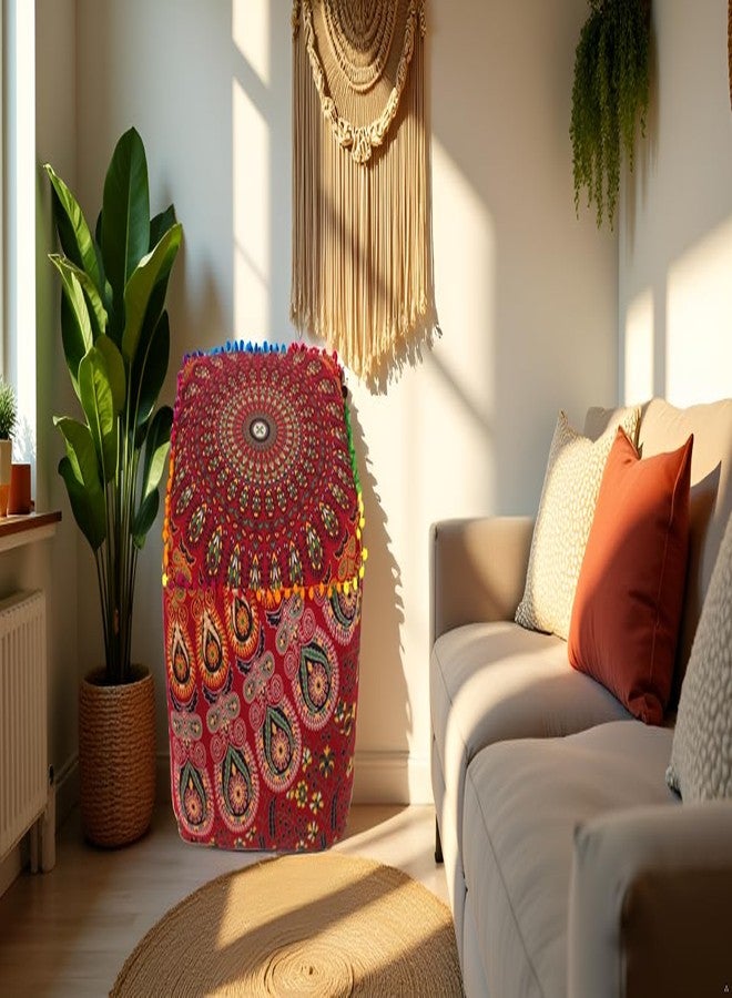 CRAFT KALA Square Mandala Handblock Print Cotton Ottoman Poufs Unstuffed-Square Floor Cushion Footrest Cover for Living Room, Bedroom Square Cushion Cover (18X18X14 inches, Red Mirchi) - Image 2