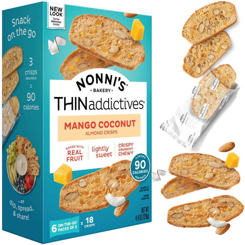 NONNI'S كوكيز اللوز رقيقة من نوني - بسكوتي مانجو وجوز الهند - كوكيز لوز حلوة ومقرمشة ومطاطية - بسكوتي مغلفة بشكل فردي - كوكيز قهوة كوشير 4.4 أونصة - Image 1