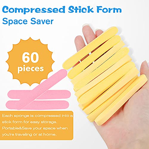 Tegelrying Facial Sponge Compressed,60 Pieces Professional Makeup Removal Round Face Wash Sponges PVA Spa Pads Exfoliating Cleansing for Women,Yellow,Pink - Image 4