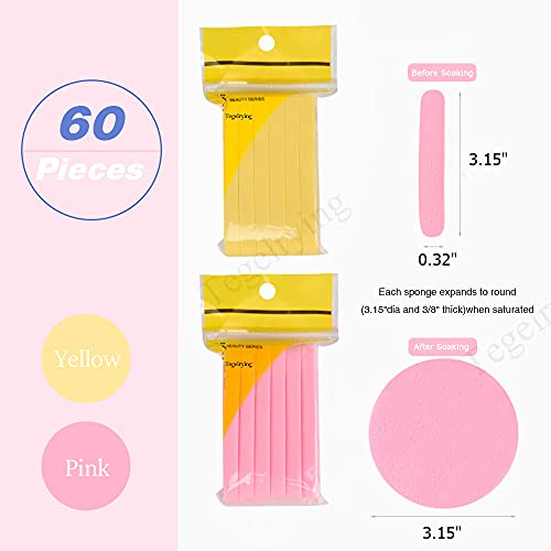 Tegelrying Facial Sponge Compressed,60 Pieces Professional Makeup Removal Round Face Wash Sponges PVA Spa Pads Exfoliating Cleansing for Women,Yellow,Pink - Image 2