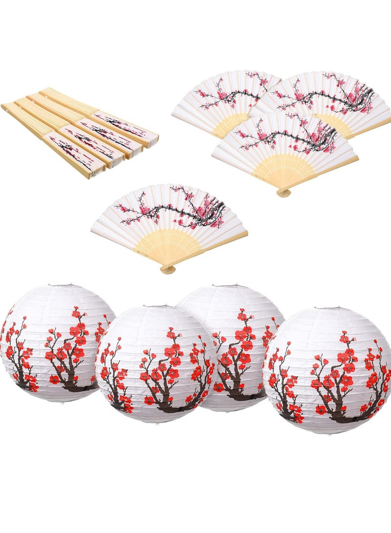 CMGTYYD Cherry Blossom Paper Lanterns Folding Hand fan, 8 Pcs Cherry Blossom Decor Set, Including 4 Chinese Japanese Oiled Paper Lamp and 4 Handheld Silk Decorative Folding Fans for Wedding Party Favor - Image 1