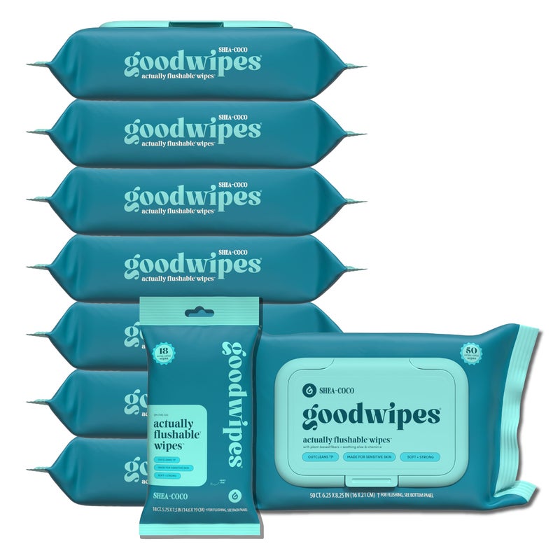 goodwipes Flushable Butt Wipes - Vitamin E & Aloe - Sewer & Septic Safe - Extra Large Adult Wet Wipes For Women & Men - Bathroom Essentials - Shea-Coco, 418 Count (8 Packs + 1 Travel) - Image 1