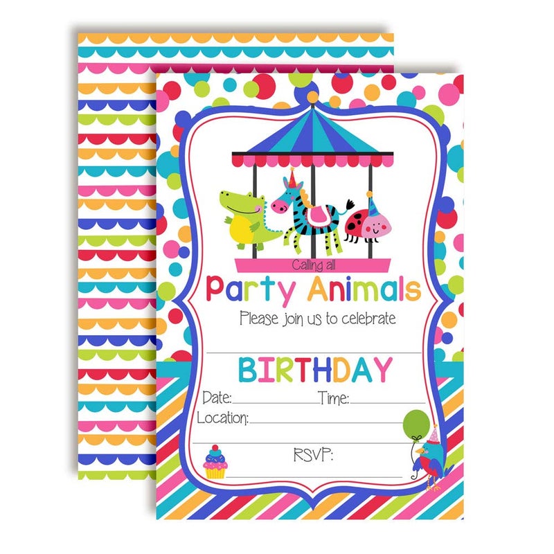 Party Animals Carousel Merry Go Round Themed Birthday Party Invitations 20 5x7 Fill In Cards with Twenty White Envelopes by AmandaCreation