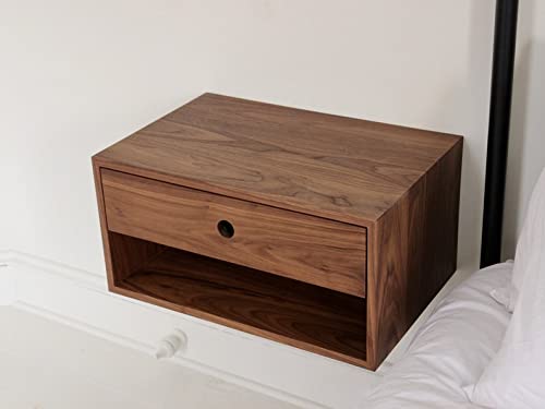IThree Solid Wood Floating nightstand with Drawer and Shelf mid Century Bedside Table mid Century Modern End Table nightstand for Bedroom - Image 2