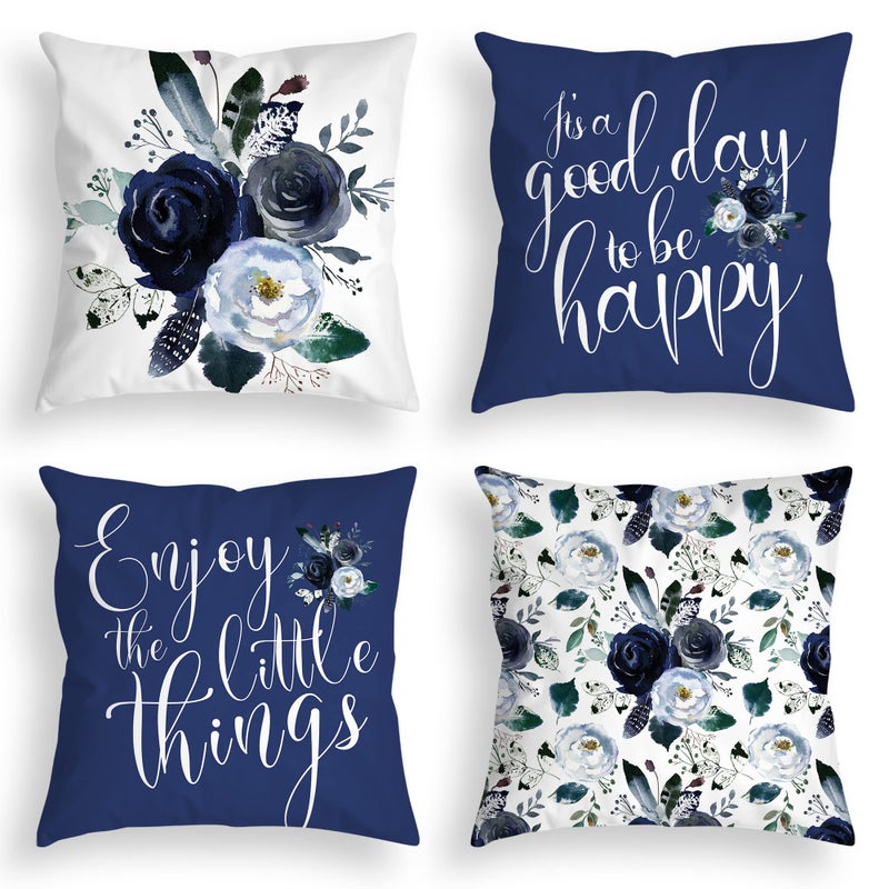 D DIFARIC Navy Blue Throw Pillow Covers 20x20 Inch Floral Roses Flower White Grey Pillows Decorative Throw Pillows Modern Quote Spring Velvet Cushion Case Set of 4 for Couch Bed Sofa