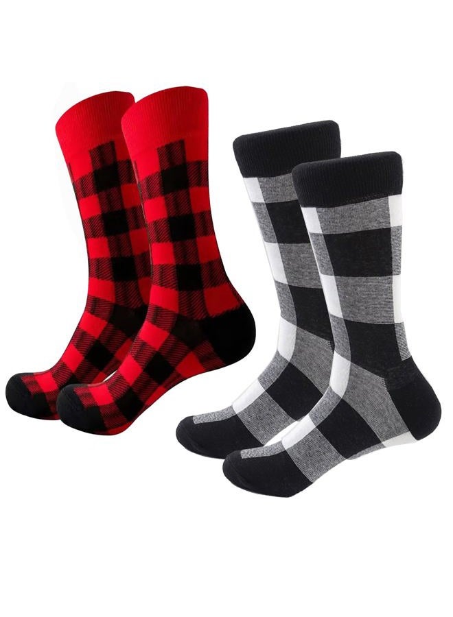 UTOWO Buffalo Plaid Cotton Socks,2-pairs Check-Socks,Unisex Plaid Cotton Socks (Black+Red) - Image 1