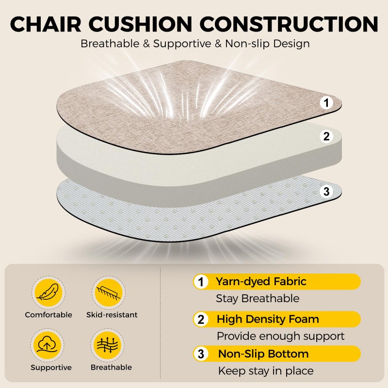 downluxe Indoor Chair Cushions for Dining Chairs, Kitchen Chair Pads with Ties and Non-Slip Backing, 16" x 16" x 2", Oatmeal Beige, 4 Pack - Image 3