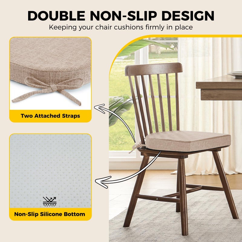 downluxe Indoor Chair Cushions for Dining Chairs, Kitchen Chair Pads with Ties and Non-Slip Backing, 16" x 16" x 2", Oatmeal Beige, 4 Pack - Image 4