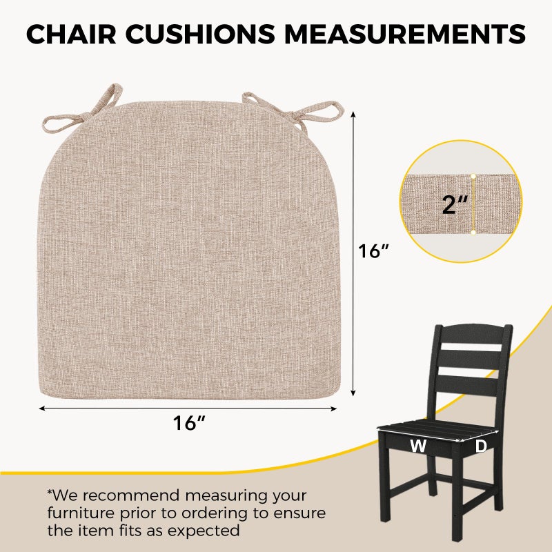 downluxe Indoor Chair Cushions for Dining Chairs, Kitchen Chair Pads with Ties and Non-Slip Backing, 16" x 16" x 2", Oatmeal Beige, 4 Pack - Image 2