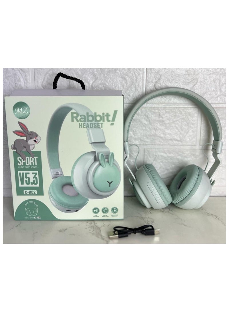 سماعة رأس Rabbit C‑1102 بلوتوث 5.0 - مشغلات HiFi مقاس 40 مم، وبطاقة TF وراديو FM، وتصميم قابل للطي على شكل أرنب مع ميكروفون