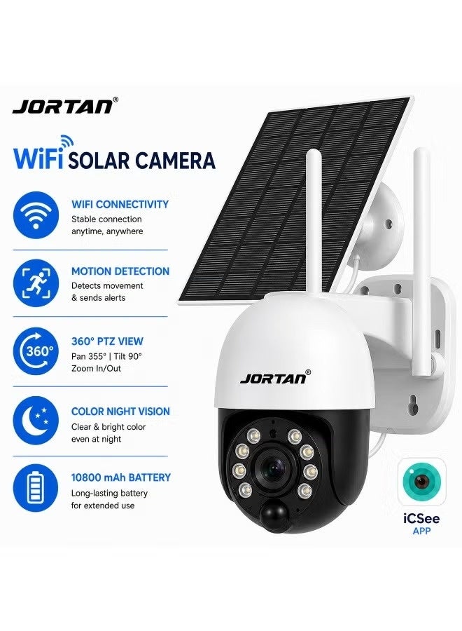 JORTAN 8MP Solar WiFi Outdoor PTZ Security Camera | 360° Pan Tilt Wireless CCTV Camera with Motion Detection 2-Way Audio Color Night Vision IP66 Waterproof 10800mAh Battery for Home Farm Garage Outdoor Surveillance - Image 1
