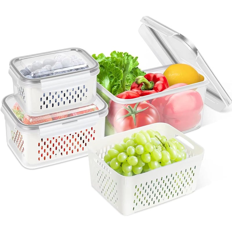 PRIME PICK Fridge Storage Boxes with Lids Set of 3 White Transparent FoodGrade Airtight Containers with Removable Drain Baskets for Vegetables Fruits Everyday Kitchen Storage - Image 1