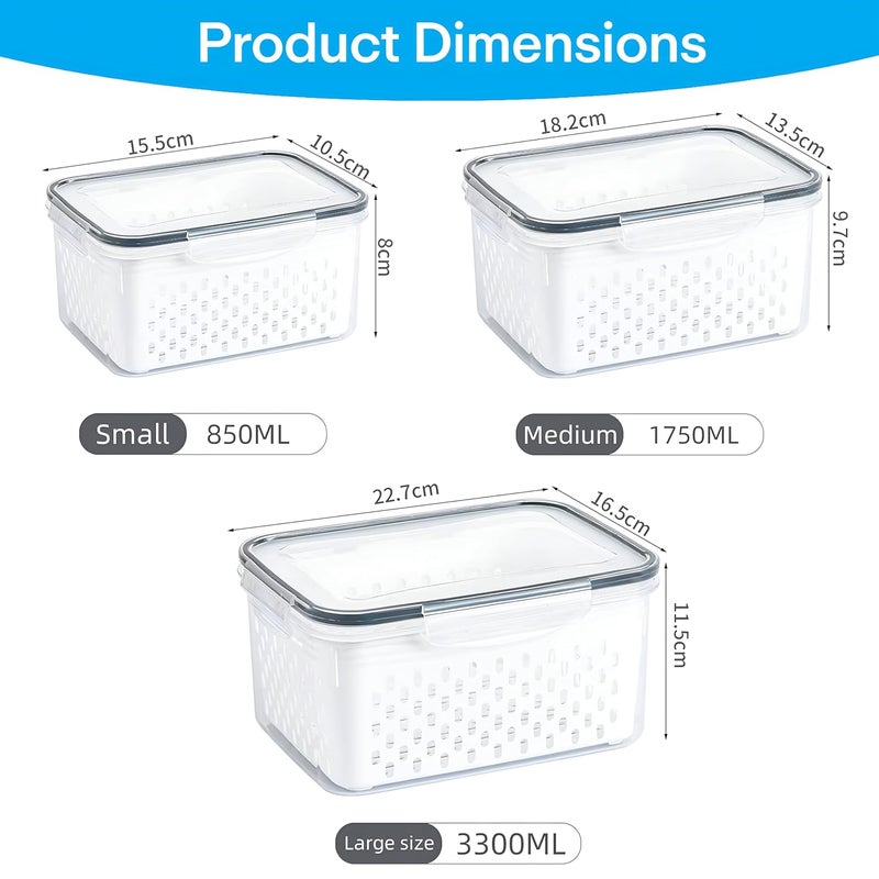PRIME PICK Fridge Storage Boxes with Lids Set of 3 White Transparent FoodGrade Airtight Containers with Removable Drain Baskets for Vegetables Fruits Everyday Kitchen Storage - Image 2
