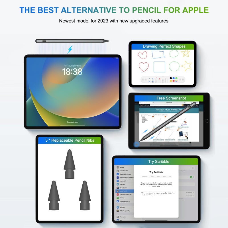 HATOKU Pencil 2nd Generation Wireless Charging, Pencil for iPad with Tilt & Palm Rejection, Magnetic Stylus Pen Compatible with ipad Air 3/4/5, ipad Mini 5/6, ipad 6/7/8/9/10, ipad Pro 11/12.9 (Black) - Image 5