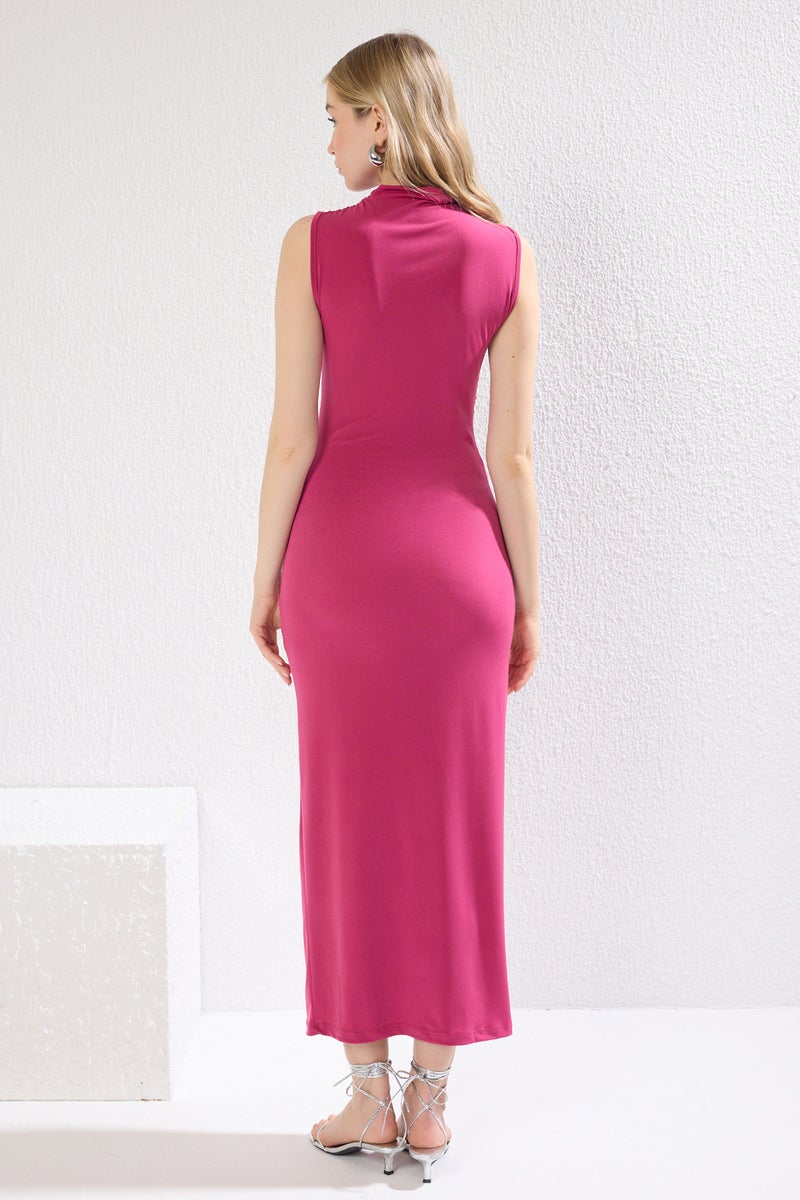 trendyol Fuchsia Plain Gathered Maxi Zero Sleeve Draped Bodycone/Fits on Body Flexible Knit Dress - Image 4