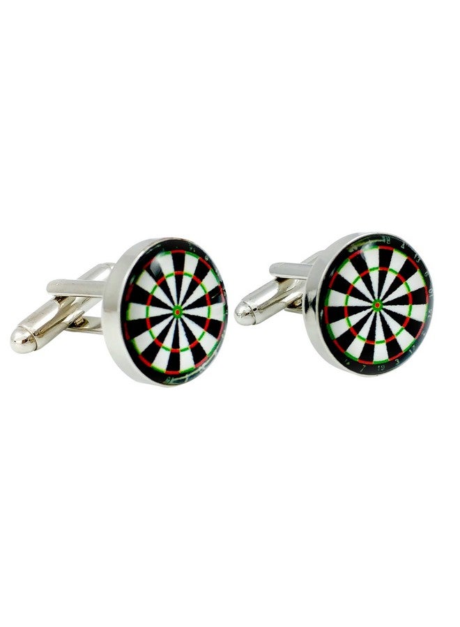 Art Attack Dartboard Cuff Links, Round Glass Metal Dart Cufflinks (Silver) - Image 1